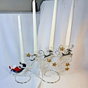 Christmas Candelabra Santa Sleigh Reindeer 4 Candle Holder Gold Stars Boxed